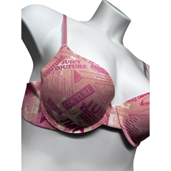 Juicy Couture All Over Logo Spell Out 36C Padded Underwire Pushup Bra Pink - Picture 3 of 7